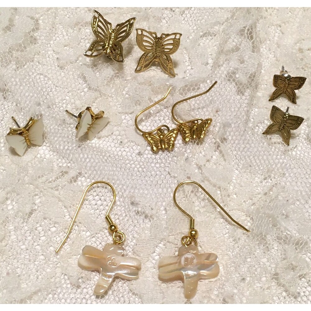 Vintage Earrings Lot Butterfly Mother of Pearl Dragonfly Gold Tones Pierce 5 Pcs